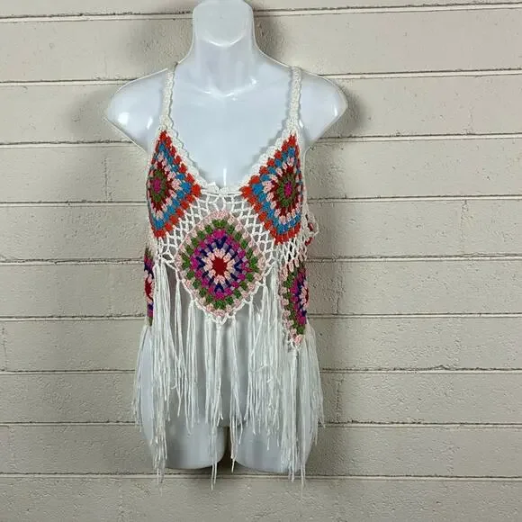 Rebellion Again Top Womens Multicolor Festival Crochet Tank Size S - Picture 1 of 8
